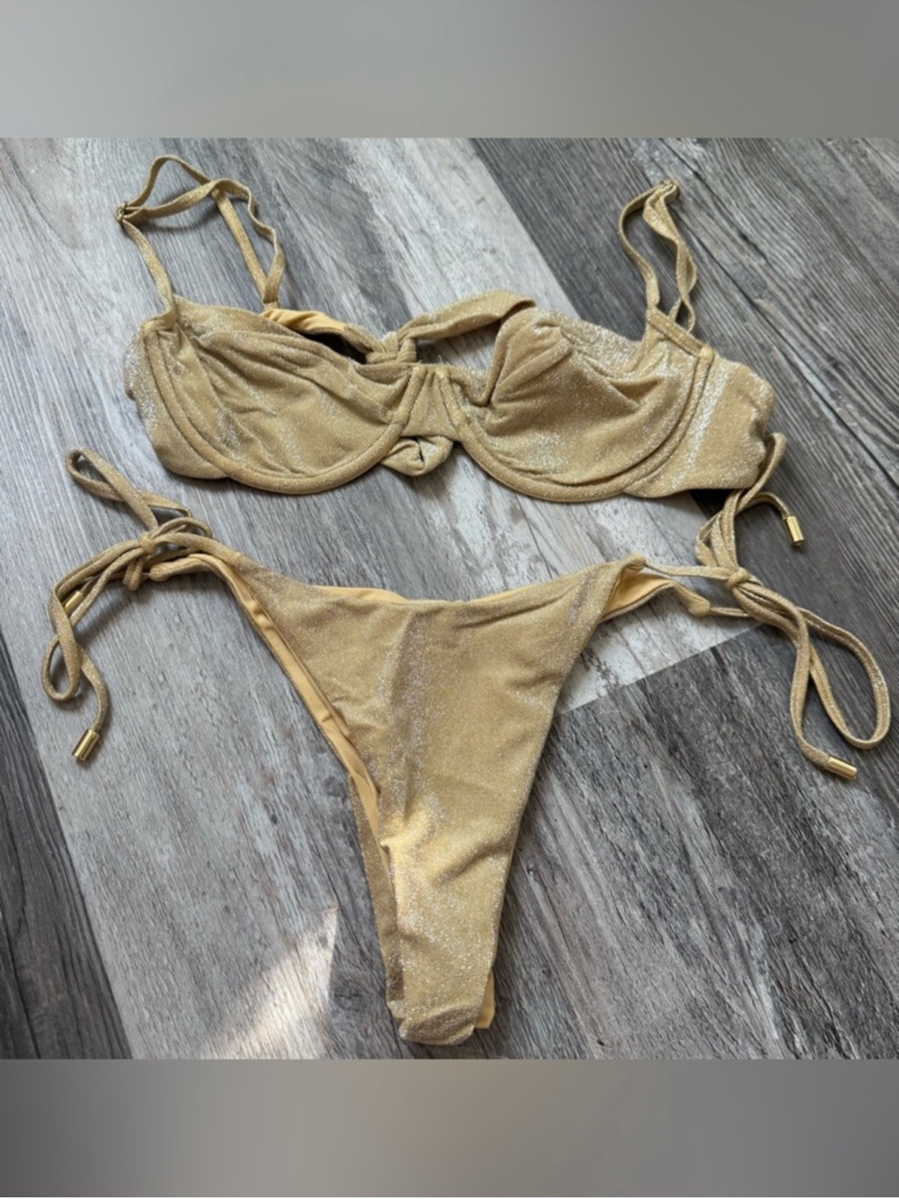 Monday Swimwear Gold Metallic Tie-Side Bikini Set
